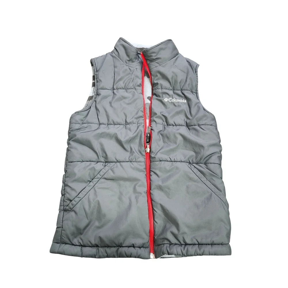 Columbia Reversible Puffer Vest Grey Camo Fleece Red Zip Youth Medium 16081